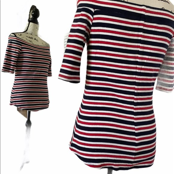 KAREN KANE Off Shoulder Red White  Blue Striped Contouring Normcore Top S - Picture 2 of 10